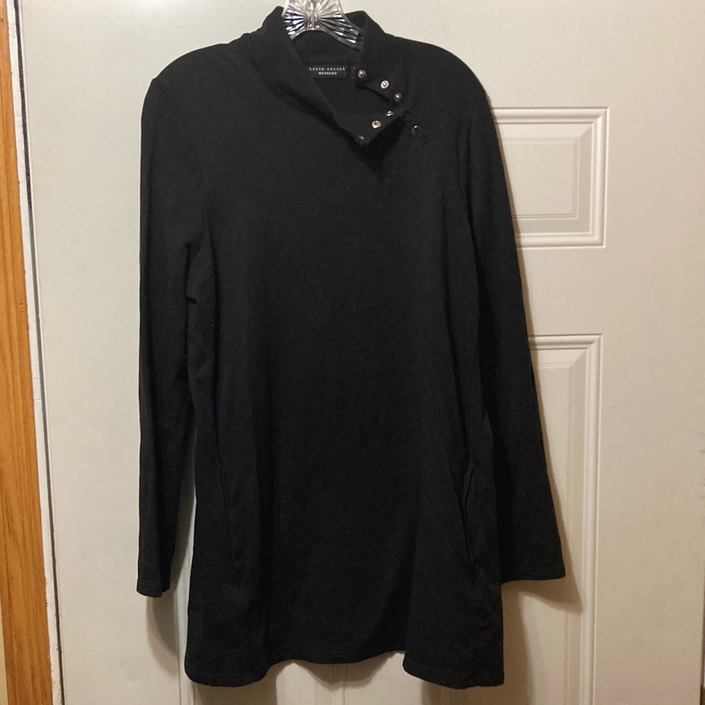 Susan Graver Black Snap-Detail Funnel Neck Tunic L